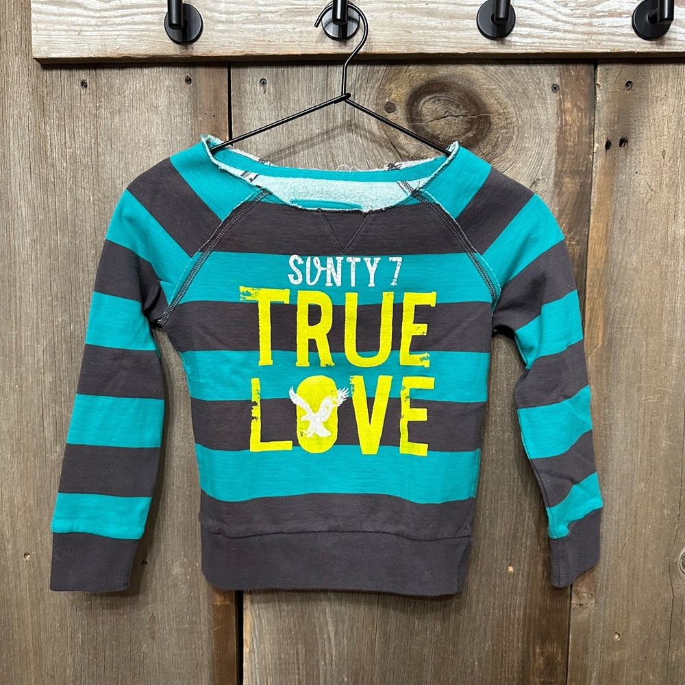 2012 77kids American Eagle Striped Graphic Sweatshirt in Teal Green Blue 7/8